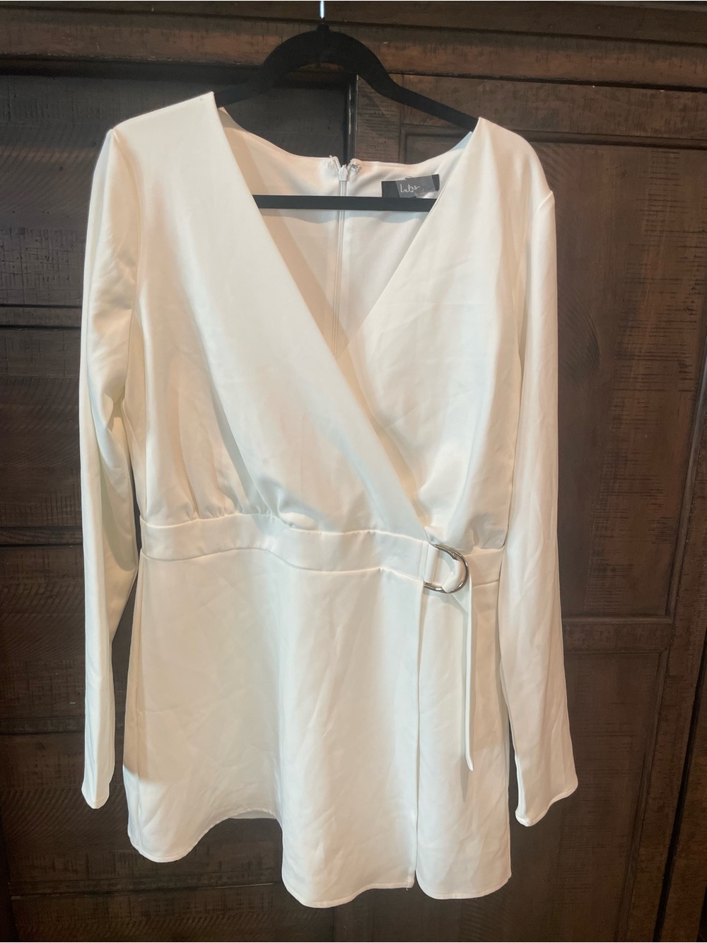 Lulu's White Faux-Wrap Long Sleeve D-Ring Romper